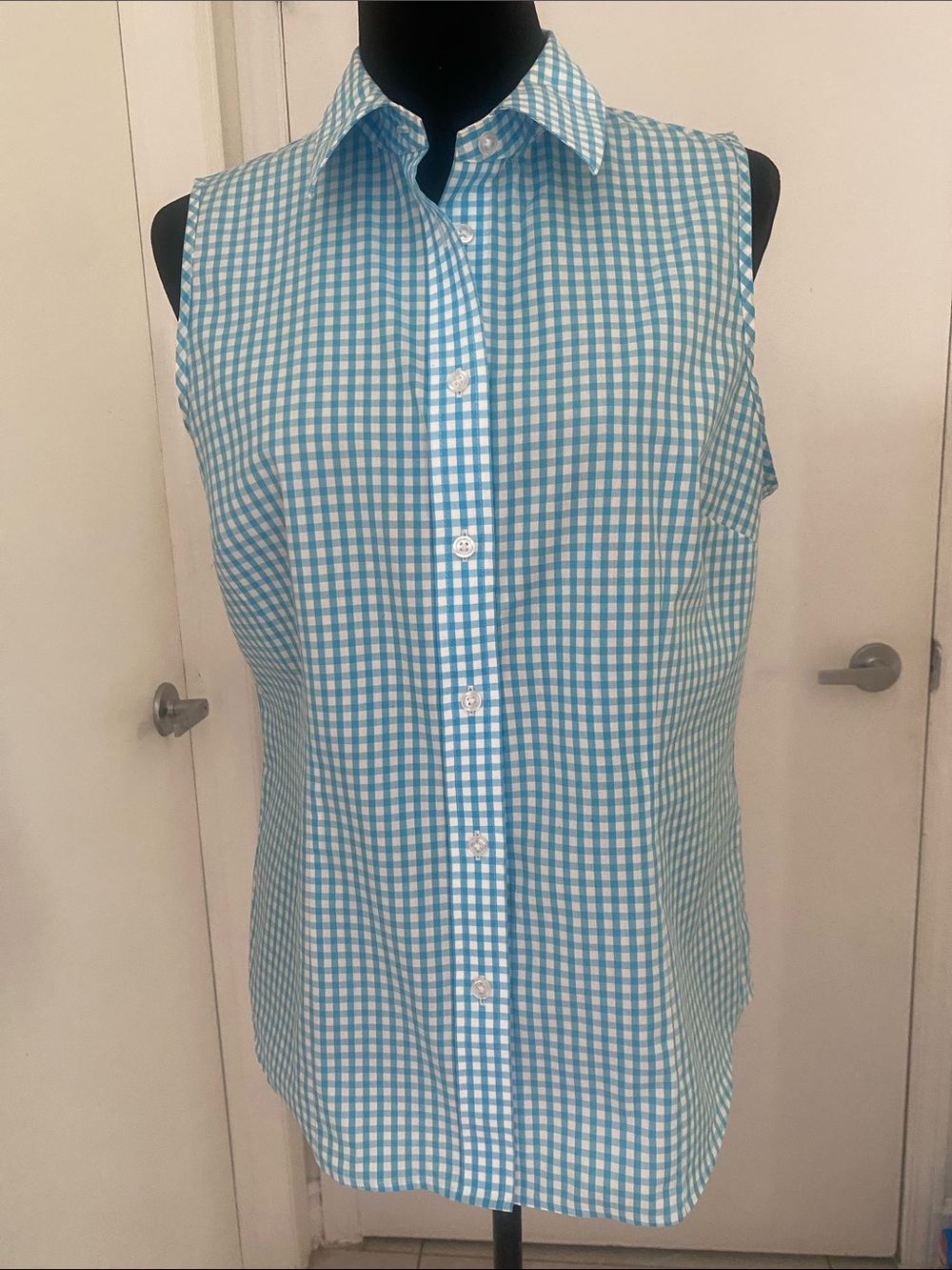 Jones Studio Blue & White Gingham Button-Down Sleeveless Cotton Shirt Size 12
